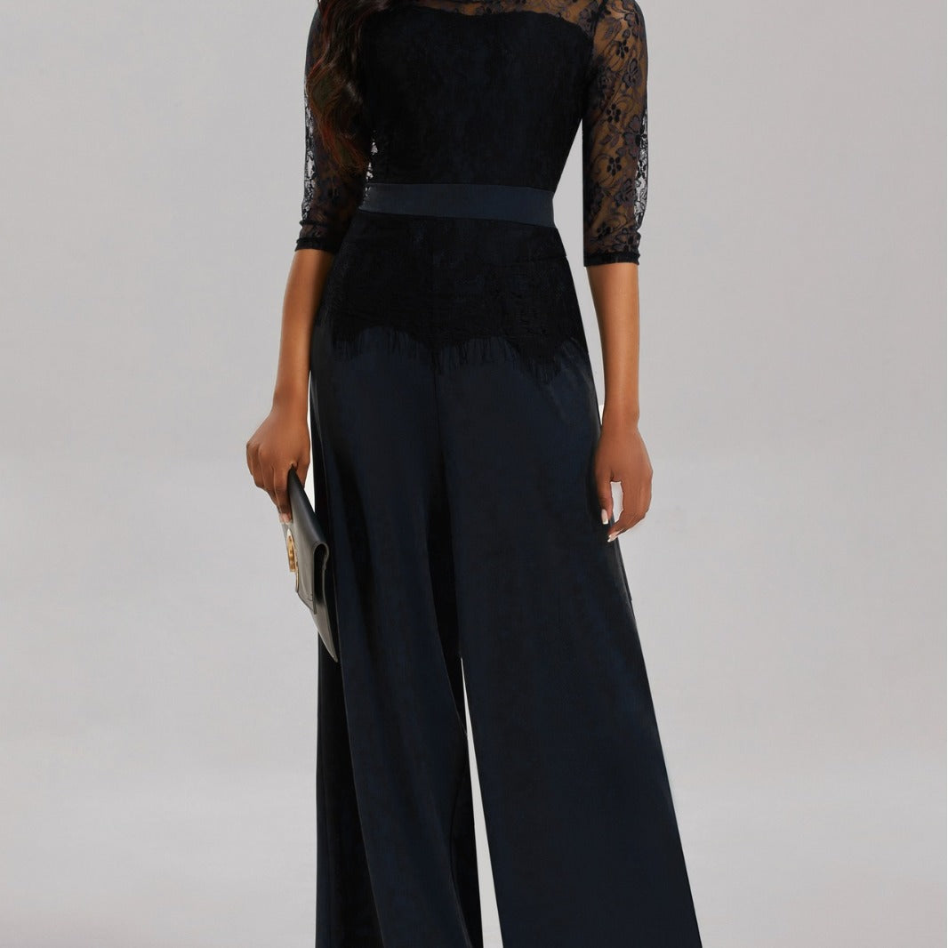 Eleganter Damen Jumpsuit mit Spitzenärmeln und Weitem Bein | Shopnory