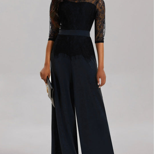Eleganter Damen Jumpsuit mit Spitzenärmeln und Weitem Bein | Shopnory