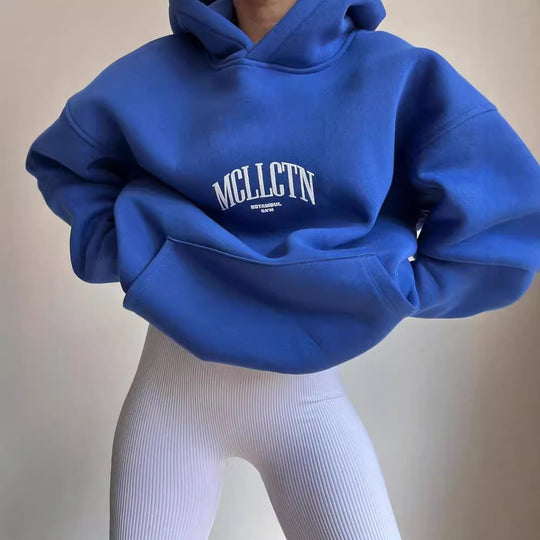 Damen Oversized Kapuzenpullover mit abstraktem Rückenprint und gerippten Bündchen Shop Nory