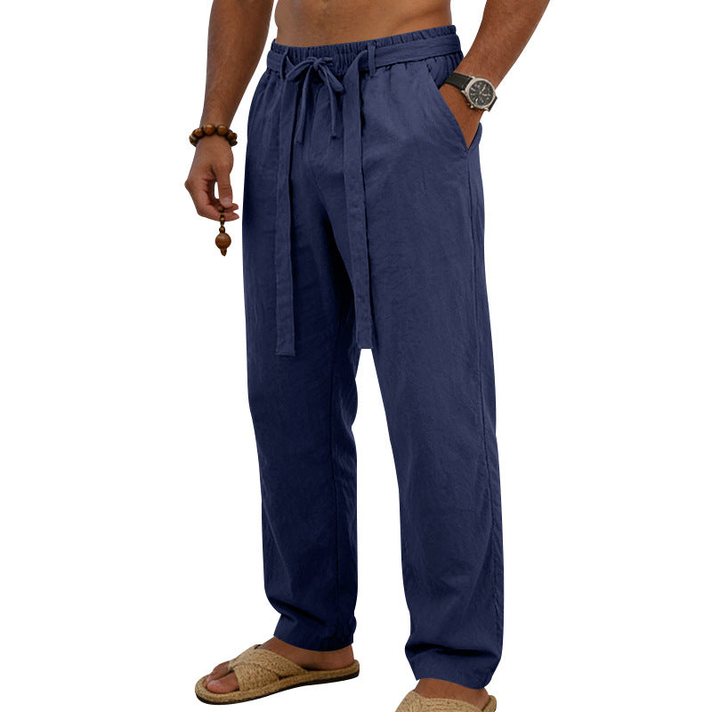 Herren nan leichte Leinen-Loungehose mit elastischem Tunnelzug, dekorativer Bundfalte und geradem Bein