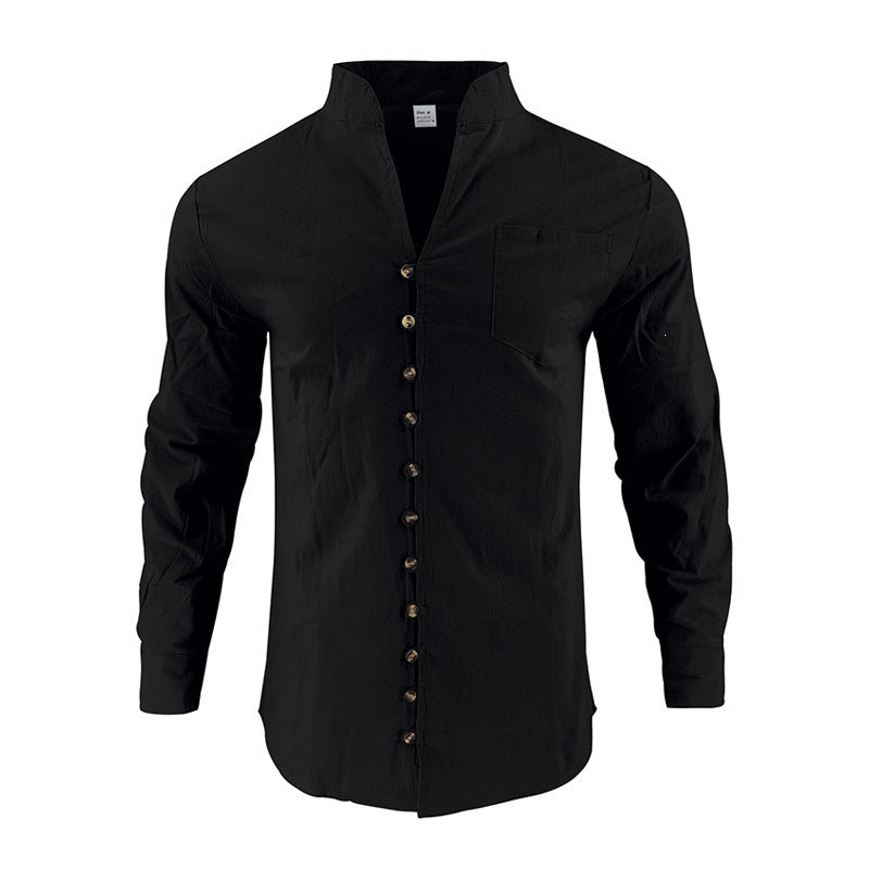 Herren Hemd mit Stehkragen und asymmetrischer Knopfleiste aus Leinenmix Shop Nory