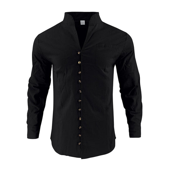 Herren Hemd mit Stehkragen und asymmetrischer Knopfleiste aus Leinenmix Shop Nory