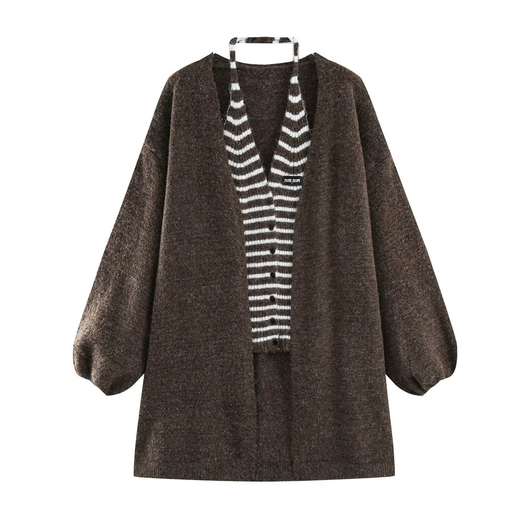 Damen Oversized Mohairoptik-Cardigan mit Ballonärmeln und gestreiftem Einsatz Shop Nory