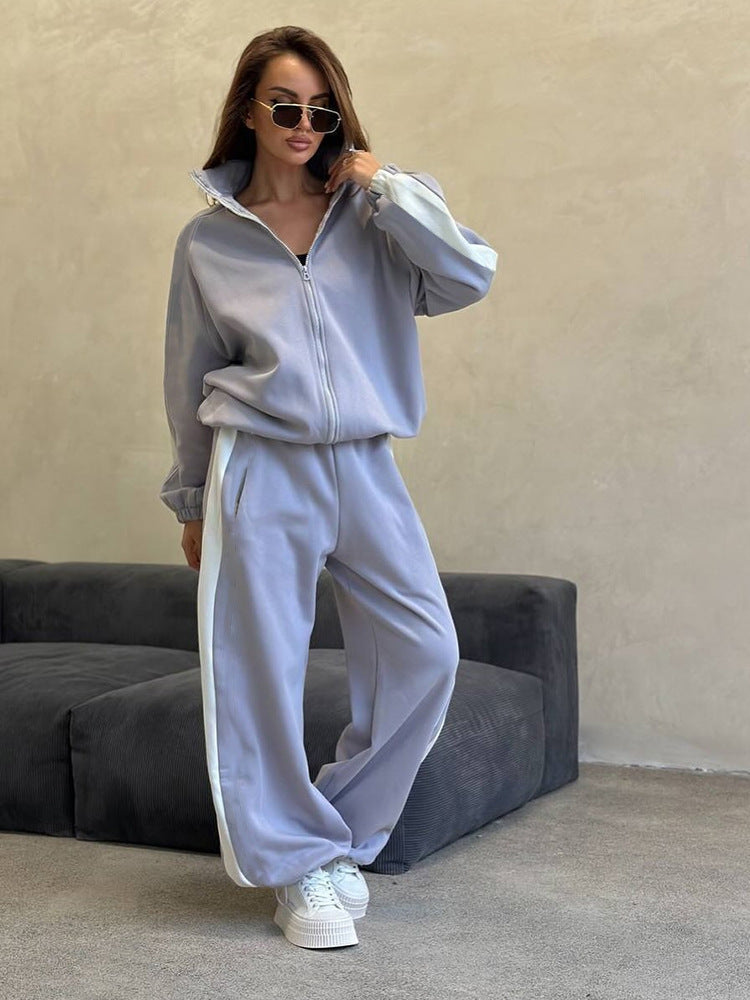 Damen Velours-Loungewear-Set mit Stehkragen, Zip-Jacke und weitem Palazzo-Hosenbein Shop Nory