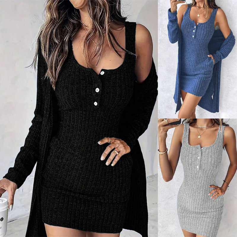 Damen Geripptes Twinset aus figurbetontem Träger-Strickkleid und Offenem Longcardigan Shop Nory