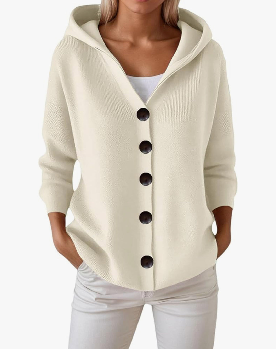 Damen Kapuzen-Strickjacke mit großen Holzknöpfen und seitlichen Eingrifftaschen Shop Nory