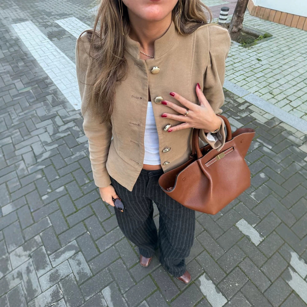 Damen Taillierter Wildlederoptik-Blazer mit Stehkragen und goldenen Zierknöpfen Shop Nory