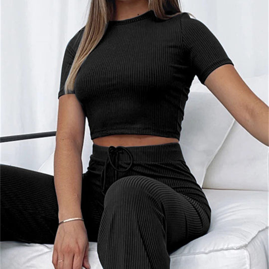 Damen Geripptes Crop-Set aus Stretch‑Jersey mit taillenhoher Kordel-Hose Shop Nory