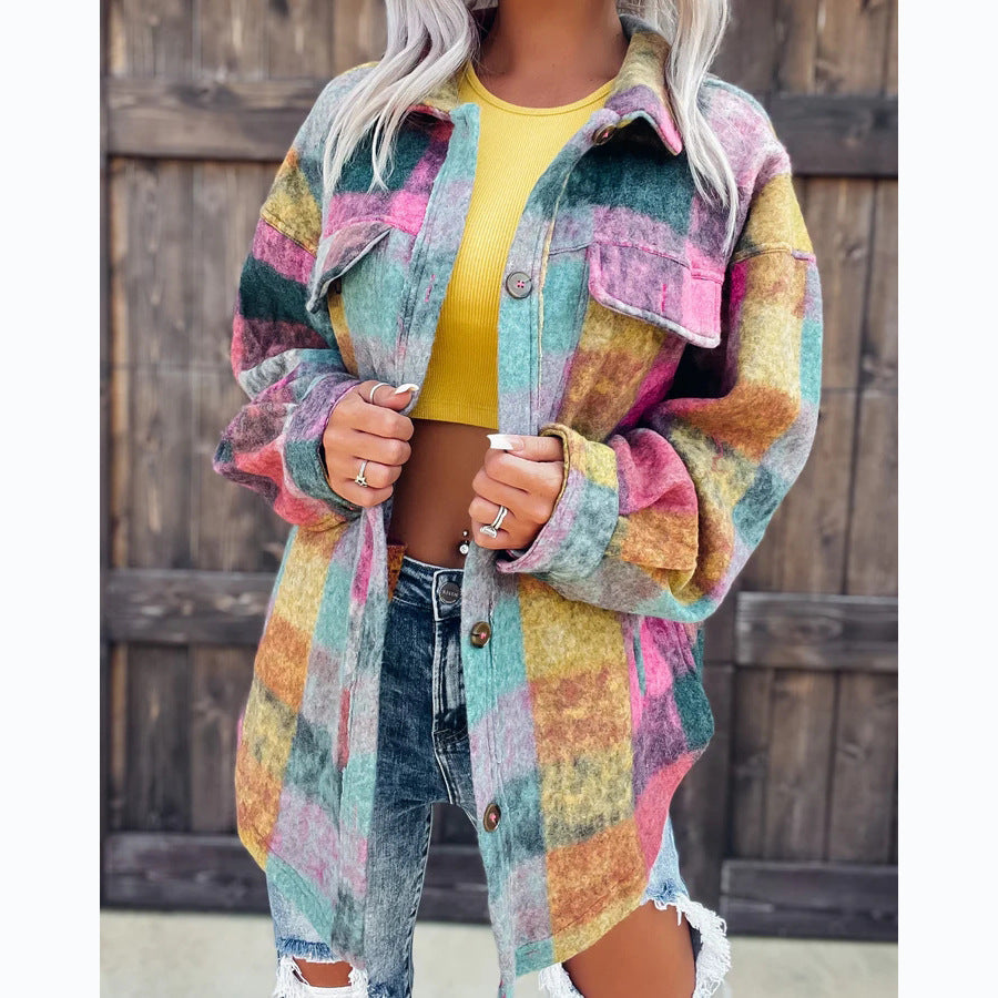 Damen Karo Oversize-Hemdjacke aus weichem Wollmaterial mit praktischen Taschen Shopnory