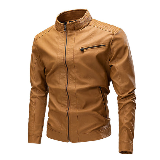 Herren Schmale Kunstleder-Bikerjacke mit Stehkragen und Ziersteppungen Shop Nory