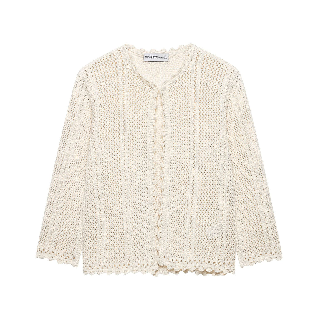 Damen Leichter Häkel-Cardigan mit Lochmuster, Scallop-Saum und kastiger Silhouette Shop Nory
