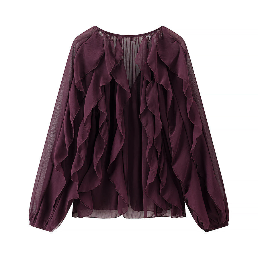 Damen Voluminöse Chiffonbluse mit mehrlagigen Volants und Knopfverschluss Shop Nory