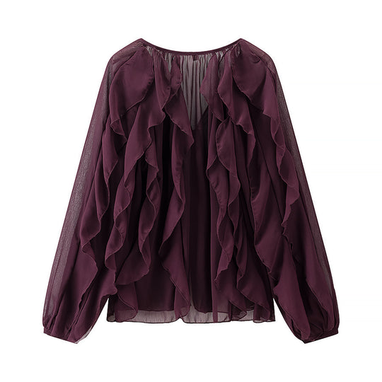 Damen Voluminöse Chiffonbluse mit mehrlagigen Volants und Knopfverschluss Shop Nory