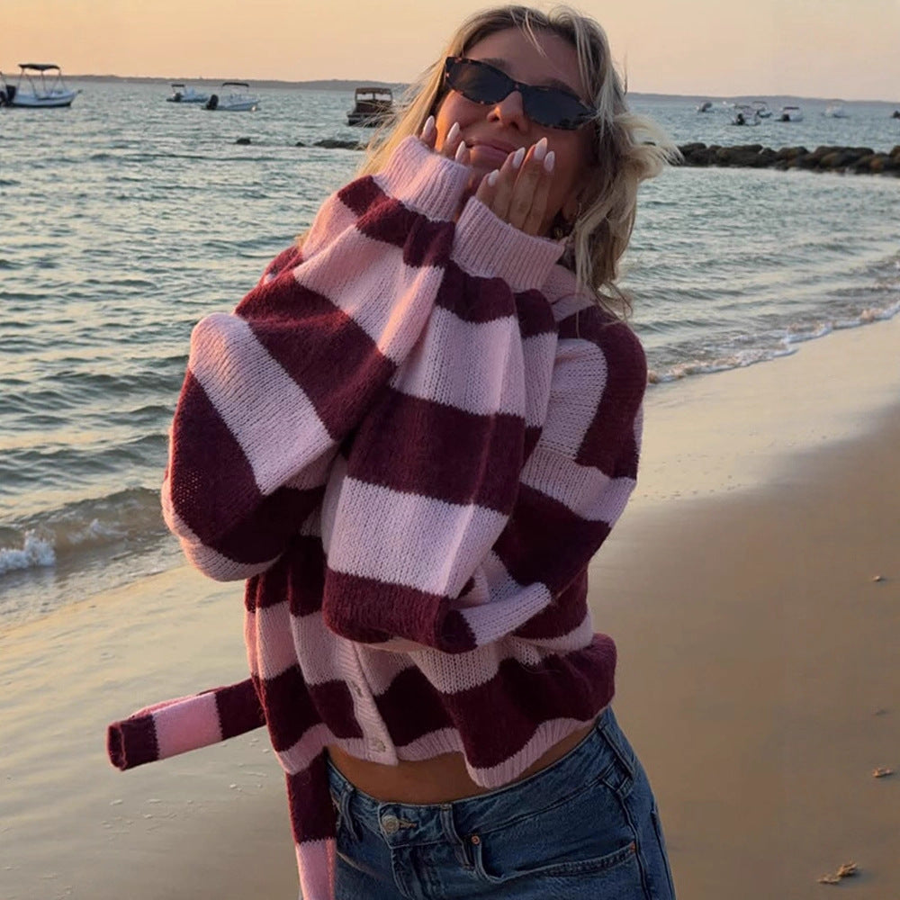 Damen Oversize Strickcardigan-Set mit Blockstreifen, Knopfleiste und passendem Schal Shop Nory
