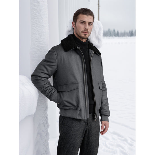 Herren Pilotjacke im Fliegerstil mit Teddykragen, Zwei‑Wege‑Reißverschluss und aufgesetzten Klappentaschen Shop Nory