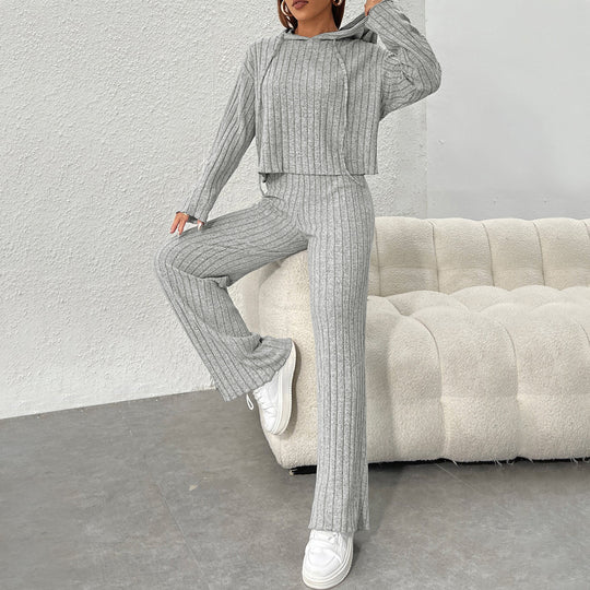 Damen geripptes Lounge-Set mit Kapuzenpullover und weiter Highwaist-Hose Shop Nory