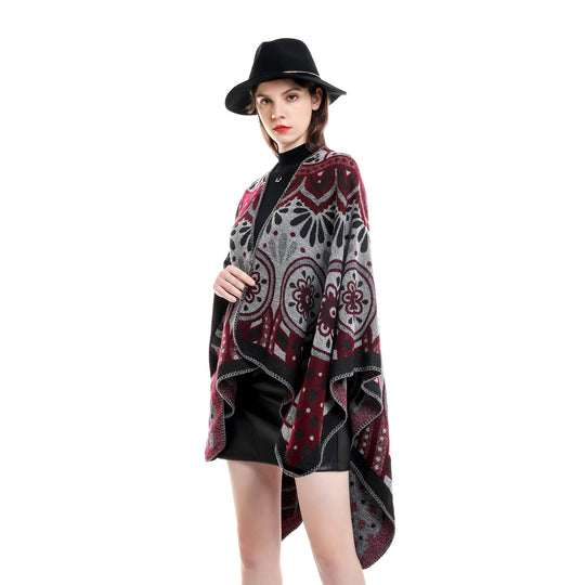 Damen Wollmix-Umhangponcho mit ornamentaler Jacquardstruktur und offenem Fall Shop Nory
