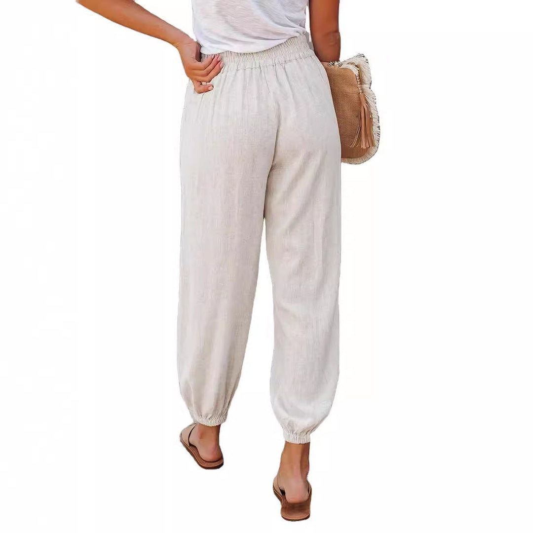 Damen lässige Leinen-Hose mit elastischem Bund und Gummizug