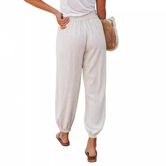 Damen lässige Leinen-Hose mit elastischem Bund und Gummizug