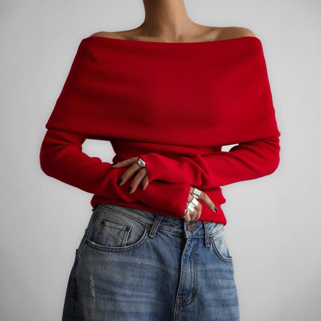 Damen schulterfreier Feinstrick-Pullover mit umlegbarem Carmenkragen Shop Nory