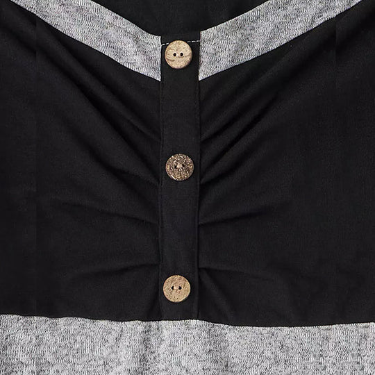 Damen Figurbetontes zweifarbiges Langarmshirt mit V-Ausschnitt, geraffter Brustpartie und Zierknöpfen Shop Nory