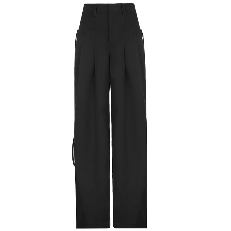 Damen nan hochtaillierte weite Bundfaltenhose mit Cargo‑Details, Gürtelschlaufen und geradem Beinschnitt Shop Nory