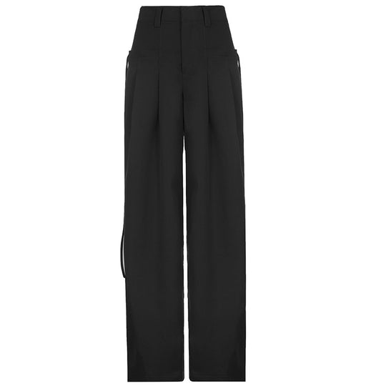 Damen nan hochtaillierte weite Bundfaltenhose mit Cargo‑Details, Gürtelschlaufen und geradem Beinschnitt Shop Nory
