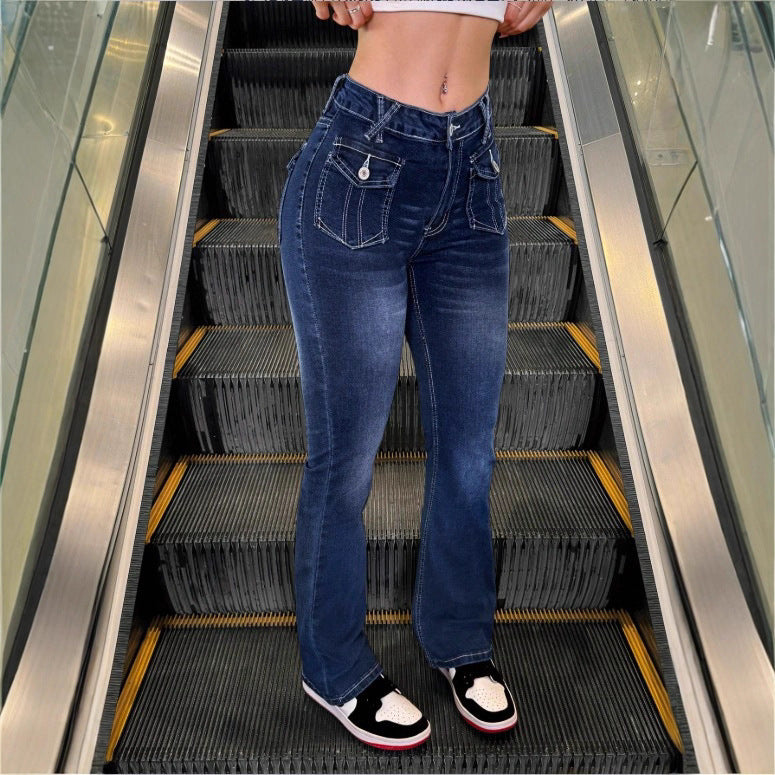 Damen Hochtaillierte Stretch-Jeans mit leichtem Flare und dekorativen Taschen Shop Nory