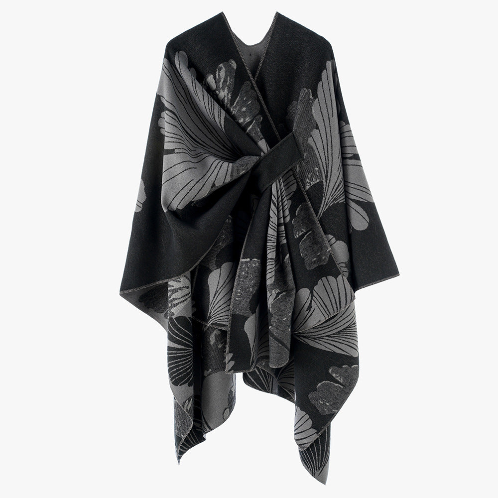 Damen Wickelponcho aus Jacquard mit floralem Muster und Taillengürtel Shop Nory