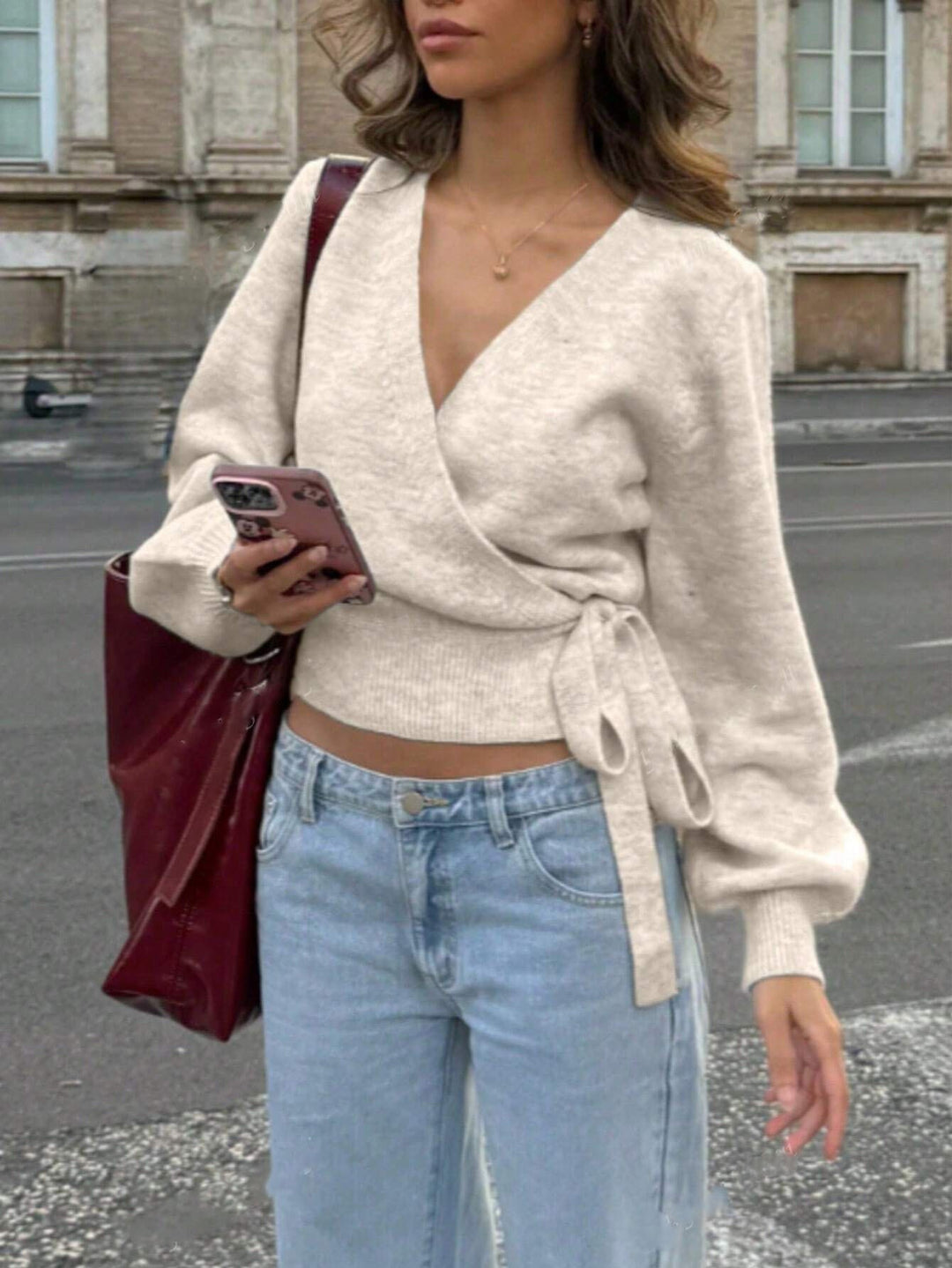 Damen Wickel-Strickpullover mit V-Ausschnitt, Bindegürtel und Ballonärmeln Shop Nory