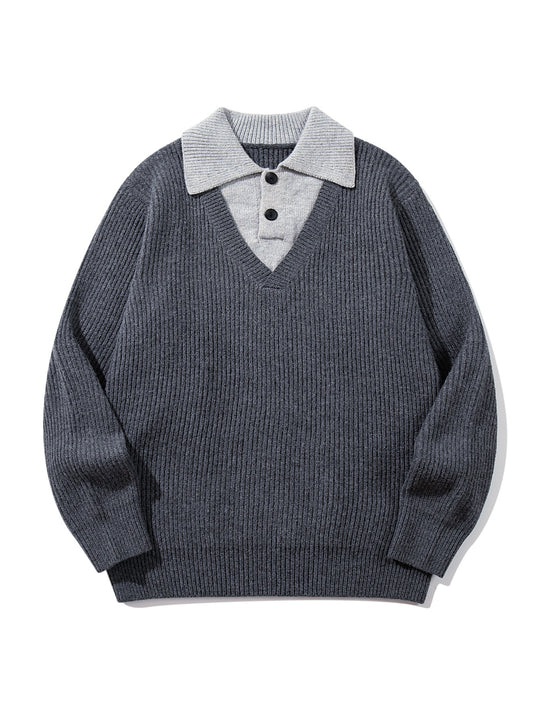 Herren Gerippter Strickpullover mit Polokragen‑Einsatz und tiefem V‑Ausschnitt Shop Nory