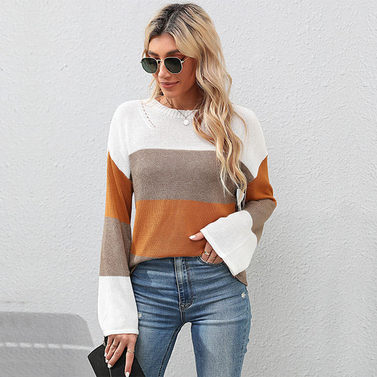 Damen Oversize Farbblock Strickpullover mit Rundhalsausschnitt und langen Ärmeln Shop Nory