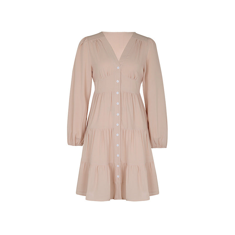 Damen Langarmkleid mit V-Ausschnitt und Rüschen Shop Nory