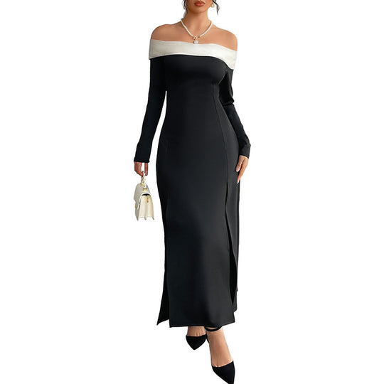 Damen Schulterfreies Maxikleid mit langen Ärmeln, hohen Seitenschlitzen und Umschlagkragen Shop Nory