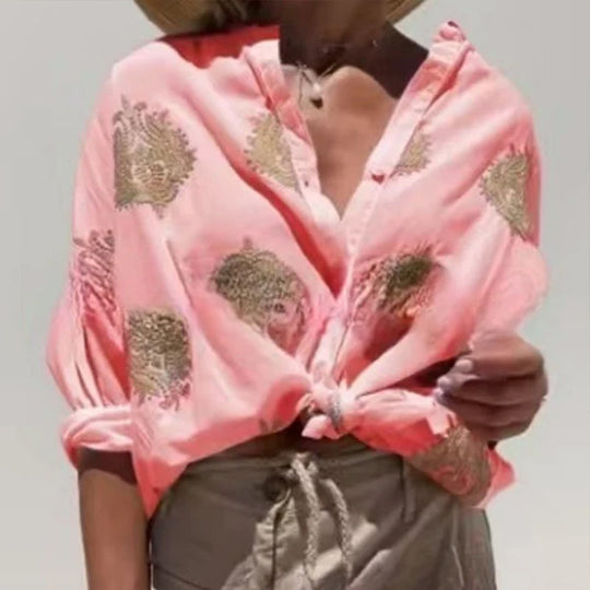 Damen Boho Leinen Bluse mit Perlenstickerei und Knotenband Shop Nory