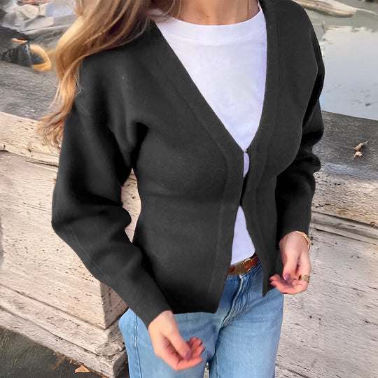 Damen nan taillierte Strickjacke mit V-Ausschnitt, Puffärmeln und seitlichen Schlitzen Shop Nory