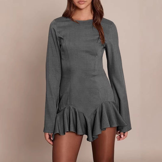 Damen Figurbetontes Langarm-Minikleid mit taillierten Nähten und Volant-Saum Shop Nory