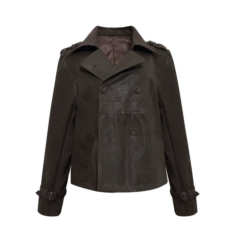 Damen Cropped Doppelreihige Lederjacke im Trenchstil mit Schulterklappen Shop Nory