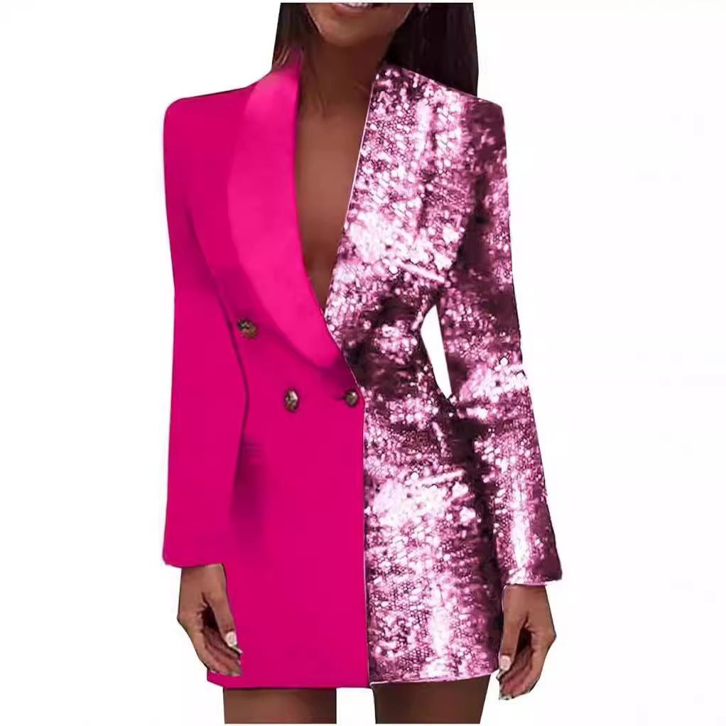 Damen Glamouröses Blazer-Kleid mit schimmerndem Effekt und tiefem Ausschnitt