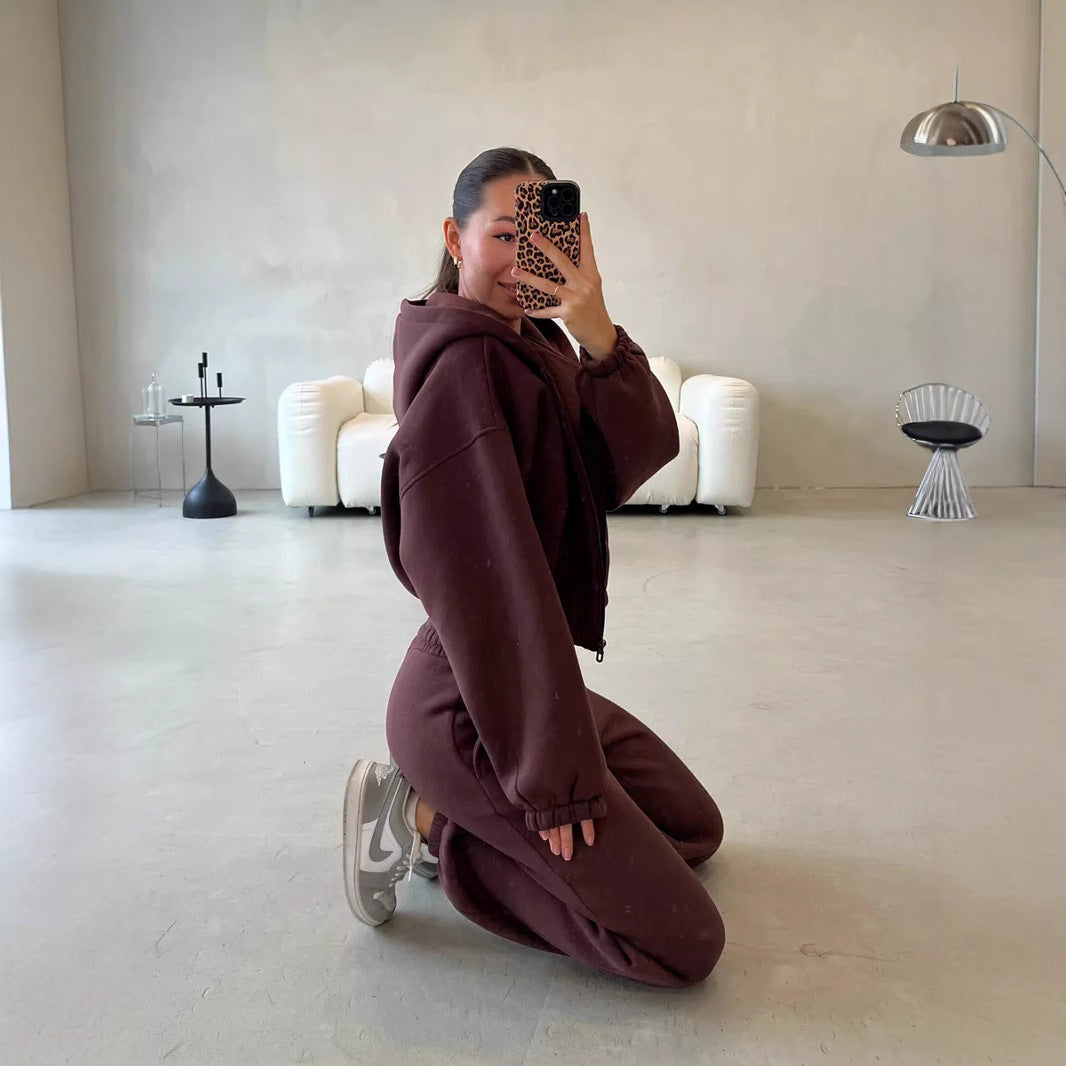 Damen Lounge-Set Cropped-Zip-Hoodie mit Oversize-Ärmeln und High-Waist Palazzo-Jogger Shop Nory