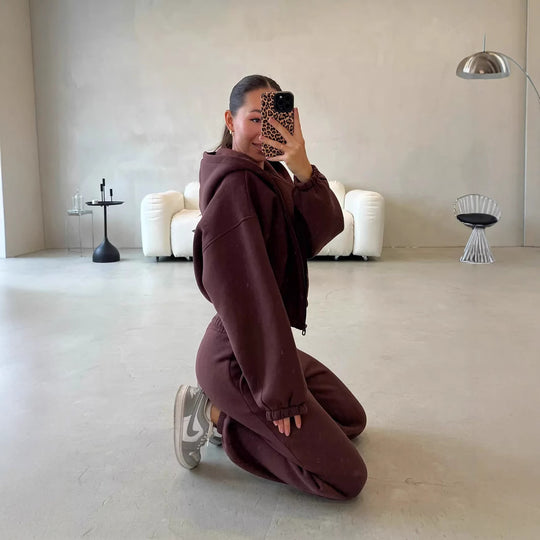 Damen Lounge-Set Cropped-Zip-Hoodie mit Oversize-Ärmeln und High-Waist Palazzo-Jogger Shop Nory