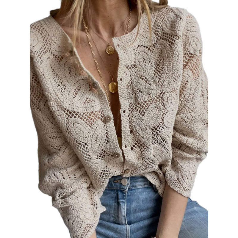 Damen Häkel-Cardigan mit Blumen‑Ajourmuster, Knopfleiste & gewelltem Saum Shop Nory