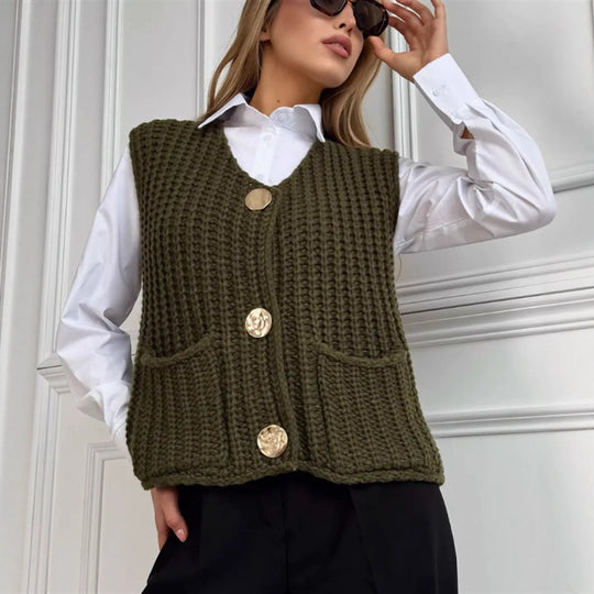 Damen Grobgestrickte Cropped Weste mit V-Ausschnitt und goldenen Zierknöpfen Shop Nory