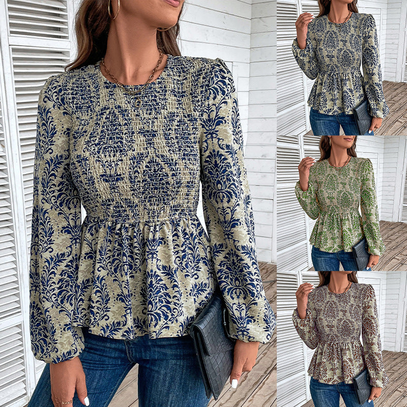 Damen Smock-Bluse mit Raffung, Ballonärmeln und Ornament-Print Shop Nory