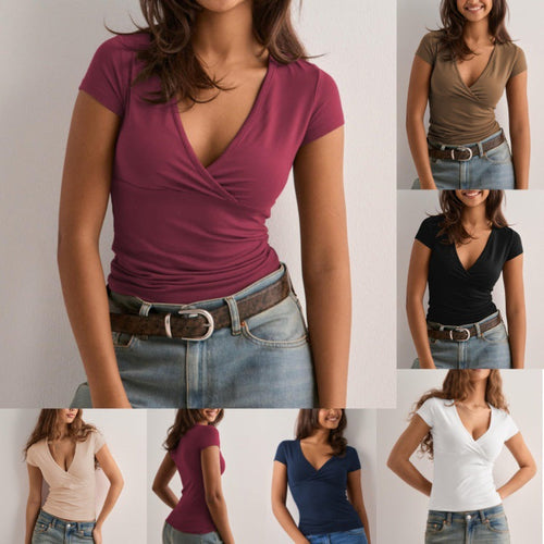 Damen figurbetontes T-Shirt mit elegantem V-Ausschnitt