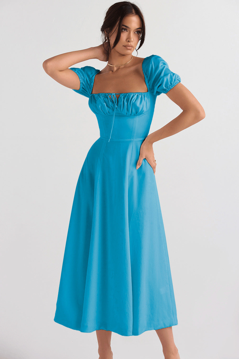 Damen Midi-Kleid mit gerafftem Oberkörper und ausgestelltem Rock