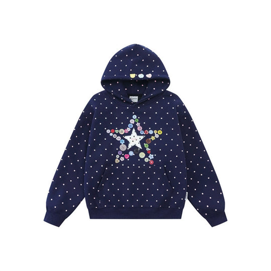 Damen Kapuzenpullover mit Knopf‑Sternapplikation, Polka‑Dot‑Allover und Kängurutasche Shop Nory