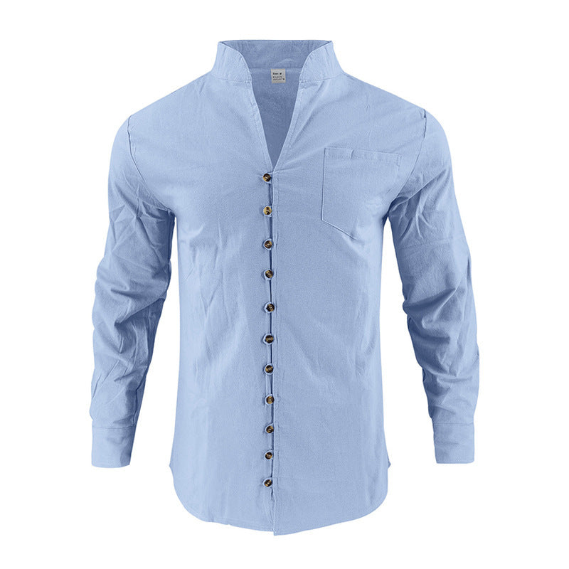 Herren Hemd mit Stehkragen und asymmetrischer Knopfleiste aus Leinenmix Shop Nory