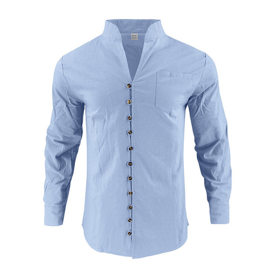 Herren Hemd mit Stehkragen und asymmetrischer Knopfleiste aus Leinenmix Shop Nory