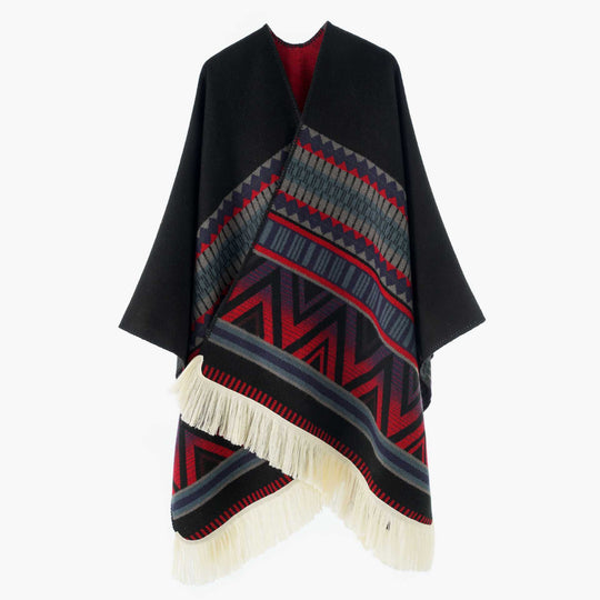 Damen Jacquard‑Ruana mit Fransen und folklorem Muster Shop Nory